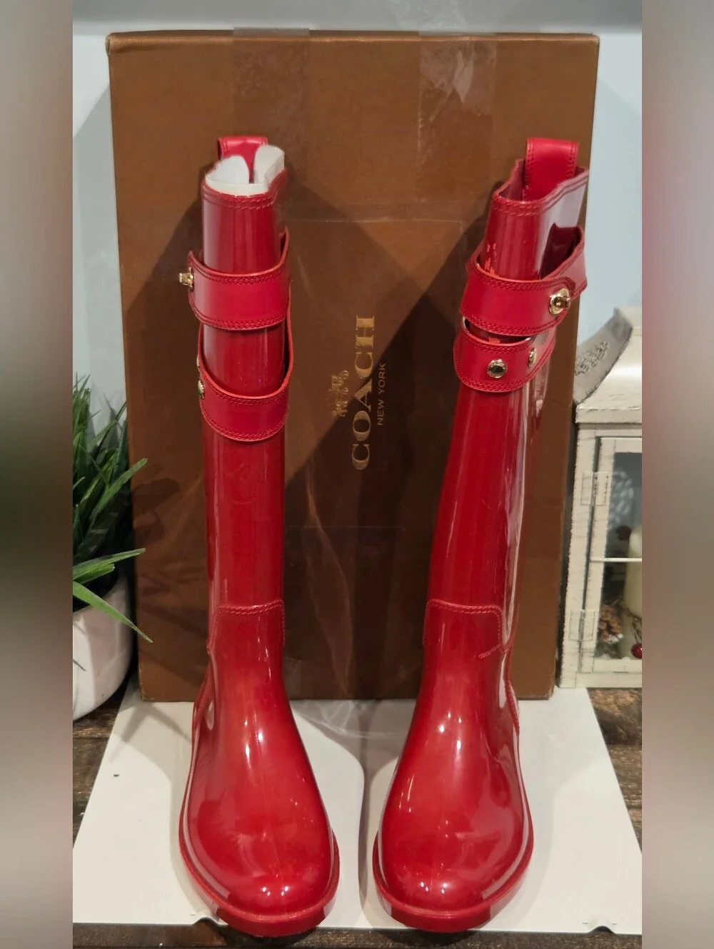 Coach Talia True Red Rain Boots with Gold Hardware